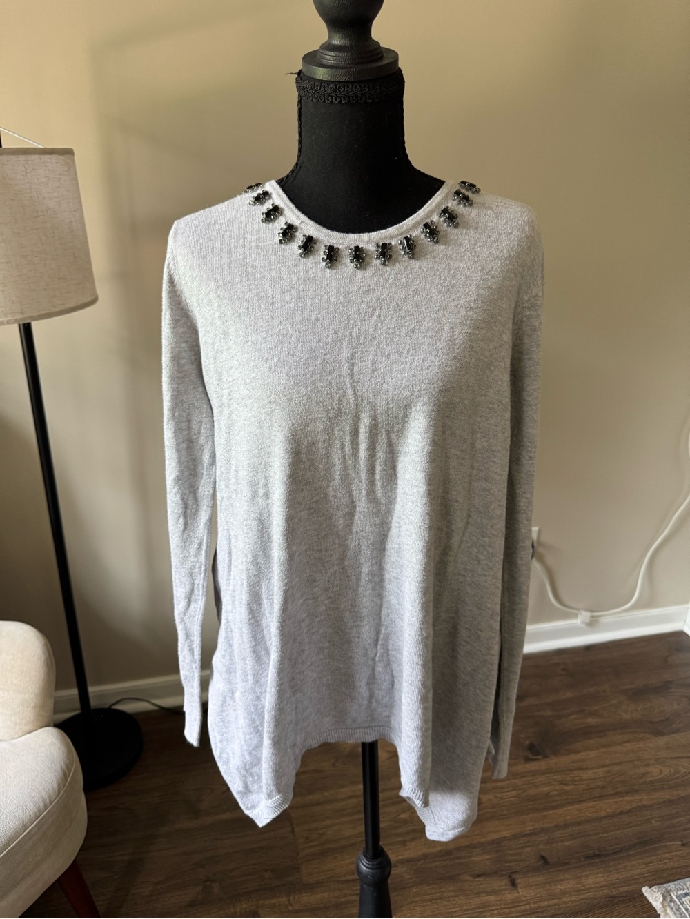 Simply Vera Vera Wang Light Gray Jeweled Crewneck Sweater
